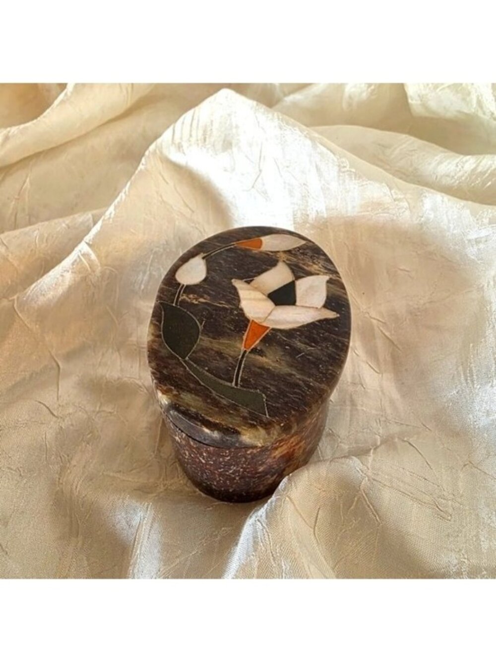 Vintage Marbled Stone Trinket Box Pearl Floral Inlay